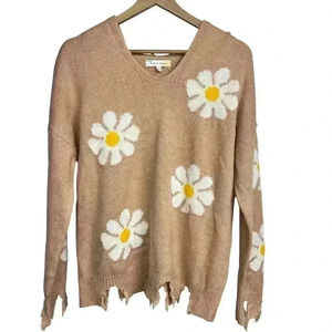 Hazel Moon Tan Knit Hooded Sweater Daisy Flowers Distressed Hem | Size XL